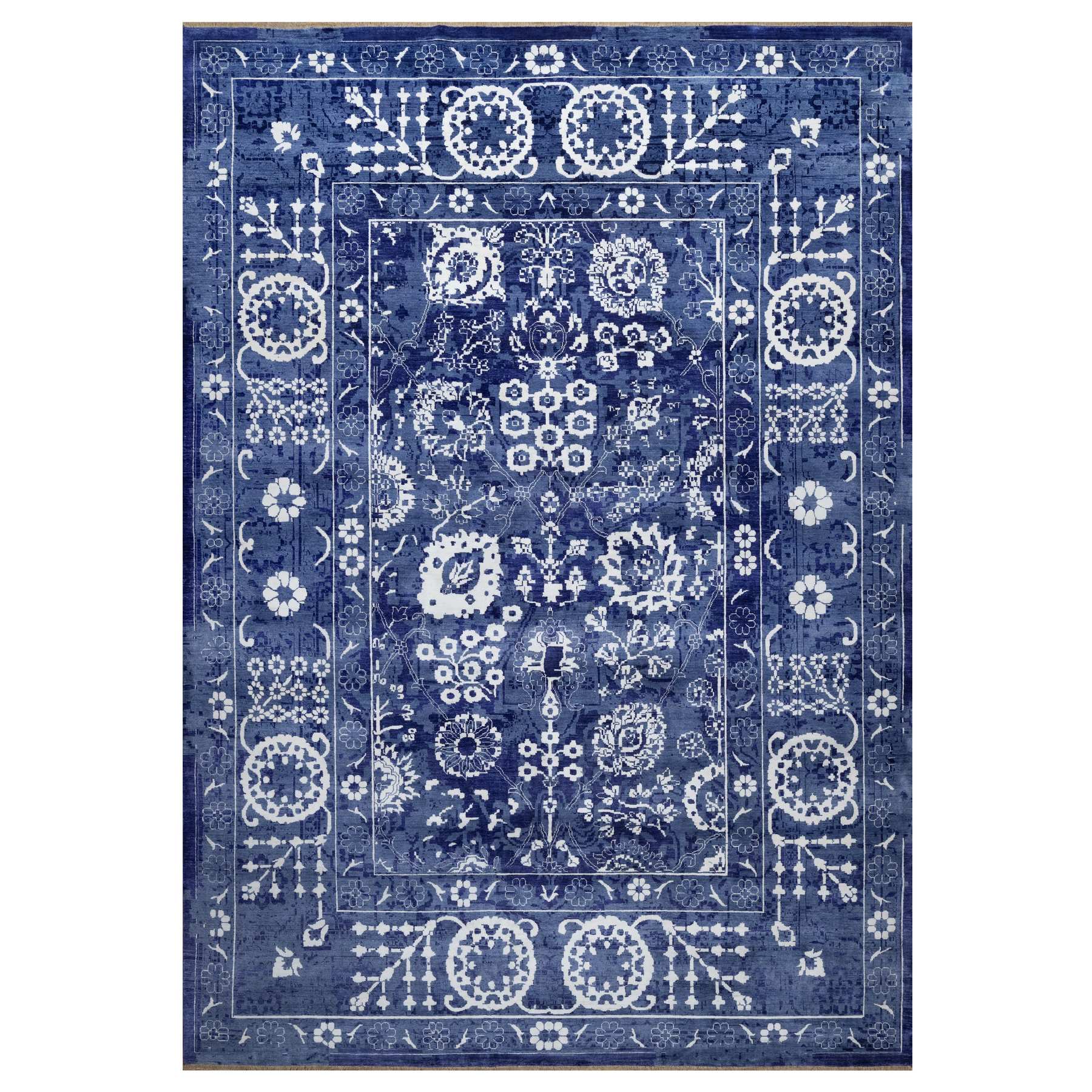9'10"x14' Yale Blue, Tone on Tone, Tabriz with All Over Leaf Design, Hand Knotted, Lush and Plush, Wool and Silk, Oriental Rug 